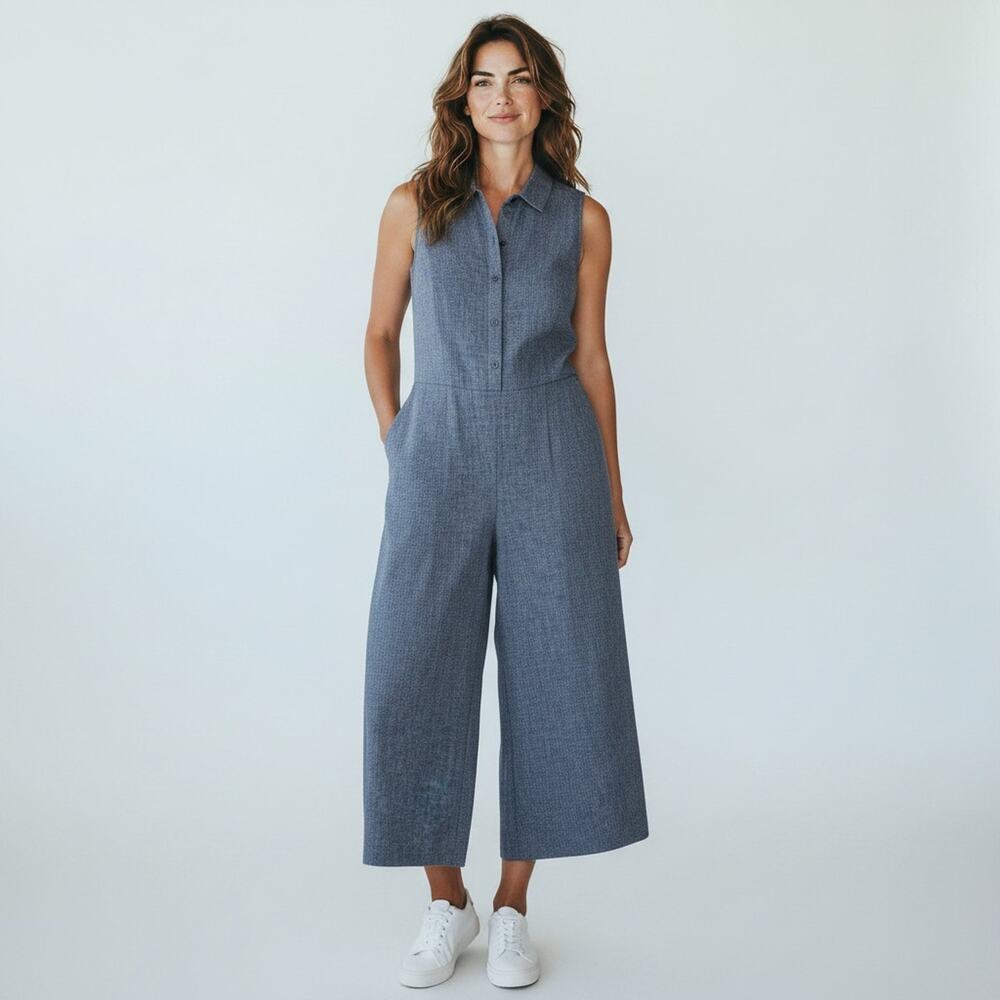 Banana Republic Blue White Tweed Linen Tie Front Jumpsuit 0 Petite Wide Leg
